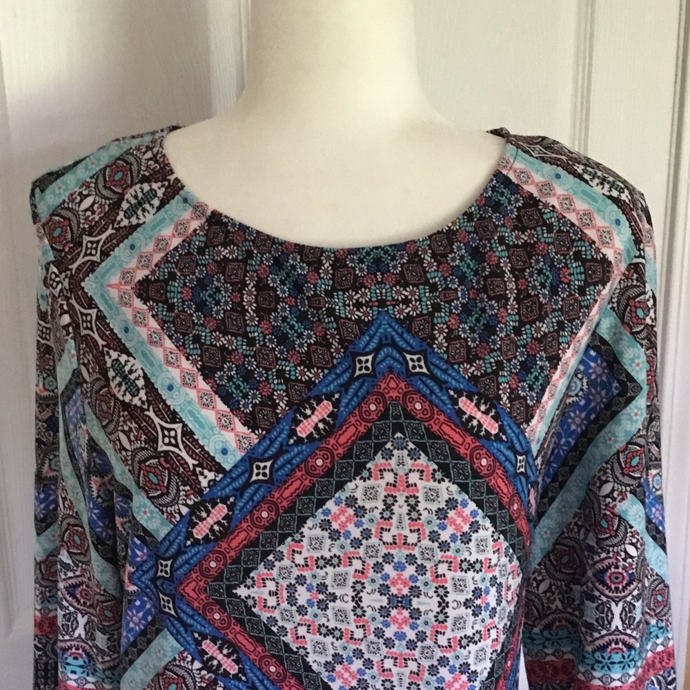 Office Chic Column Dress Size 14 Retro Abstract Print 3/4 Sleeve Dress Blue Pink - Picture 2 of 9